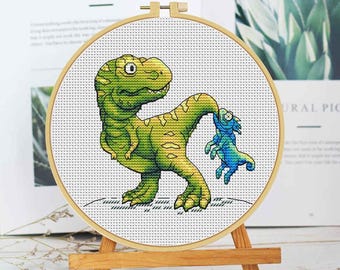 Roligt korsstygnsmönster med trex, korsstygn med dinosaurier, söt korsstygn i PDF-format för nedladdning