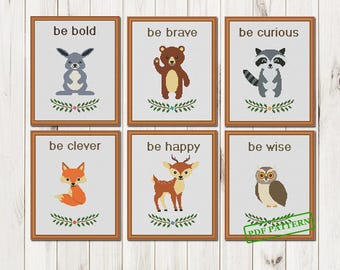 Woodland Kinderzimmer Kreuzstichmuster, 6 Tiere Baby Kreuzstichmuster, Kreuzstichmuster PDF Download