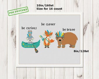 Boho Animals Tribal Nursery Fox bear canoe Cross Stitch pattern PDF download