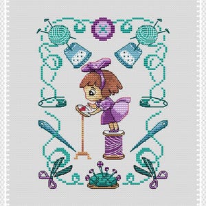 Needlewoman (68 x 88 stitches) ,  cross stitch pattern PDF download