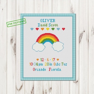 Babyaankondiging kruissteek pdf-patroon Rainbow Boy Birth Sampler kruissteek pdf-download