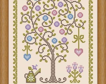 Jardín de primavera, patrón de punto de cruz de muestrario, descarga en PDF