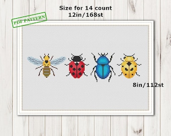Four bugs Cross stitch insect pattern ,  cross stitch pattern PDF download