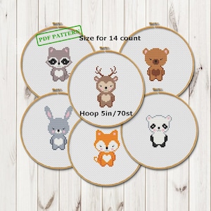 Padrão de ponto cruz para bebês, amigos da floresta, animais da floresta, urso, raposa, veado, coelho, guaxinim, download em PDF