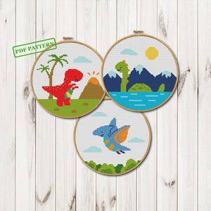 Dinosaurier Kreuzstich lustige 3 Schnittmuster Kinderzimmer Deko Cute Baby PDF download