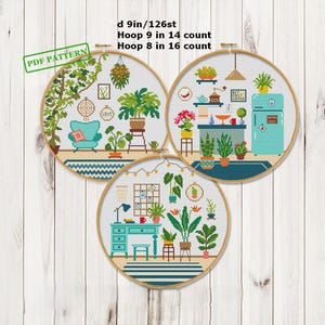Plantes, point de croix, motifs modernes, cactus, succulentes, maison, jardin, 3 sets de motifs, grille point de croix, téléchargement PDF