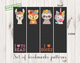 May include: Set of four cross stitch bookmark patterns featuring a llama, fox, sloth, and unicorn. Each bookmark is 31 stitches wide and 110 stitches tall. The bookmarks include the text "I love to read" and "I love books".