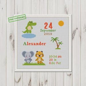 Jungle Animals Baby Announcement Cross Stitch baby pattern Boy Girl PDF download