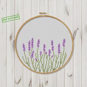 Hoop art Cross stitch flowers pattern Lavender xstitch PDF download