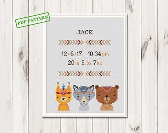 Animals friends Cross Stitch Baby pattern Boho Bear Wolf Announcement Nursery Decor cross stitch PDF download