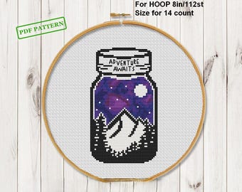 Adventure awaits  Cross Stitch pattern Modern Mountains Forest Moon PDF download