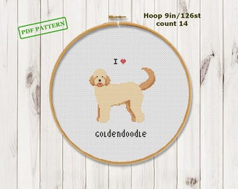 Grappig kruissteek hondenpatroon Goldendoodle-liefhebbers Eenvoudige pdf-download voor beginners