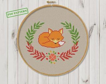 Fox kruissteekpatroon Woodland Animal Cross Stitch Forest PDF-download