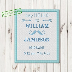Baby Announcement Cross Stitch Pattern Personalized Birth Announcement Sampler cross stitch PDF download