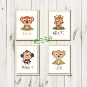 Kreuzstich Baby Stickmuster Safari Kinderzimmer Löwe Giraffe Tiger Affe PDF Download