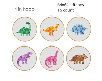 May include: Six cross-stitch patterns of different dinosaurs in a 4-inch hoop. The dinosaurs are green, orange, blue, purple, pink, and brown. The patterns are 64x64 stitches and 16 count.