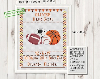 May include: Cross-stitch pattern featuring a framed design with the name "Oliver David Scott" and sports balls. Includes a soccer ball, baseball, football, and basketball. The text includes the date, time, length, and weight. The pattern size is 8 inches by 10 inches.