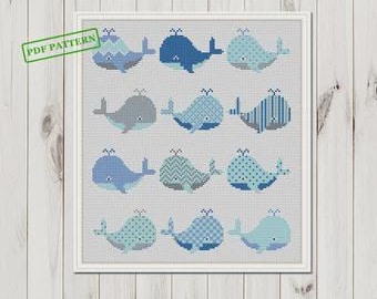Decoração de berçário, padrão de bebê em ponto cruz, animais fofos de baleia, amigos do mar, download em PDF