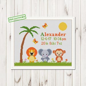 Baby Announcement Cross Stitch Jungle Animals pattern cross stitch PDF download