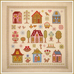 Summer village, Sampler Cross Stitch Pattern PDF download