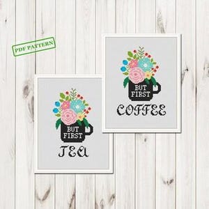 Cross stitch pattern But first coffee and tea cross stitch PDF download