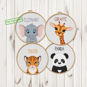 Modèle de point de croix Animaux Éléphant Panda Girafe Tigre Chambre de bébé Point de croix de la jungle Animaux de safari bébé xstitch point de croix Télécharger le PDF