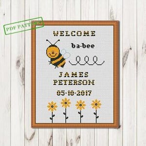 Anúncio de bebê, padrão de ponto cruz, abelha engraçada, ponto cruz, download em PDF