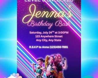K-Pop Demon Hunter Birthday Invitation | Neon Concert Party Invite | Editable Canva Template | Digital Download