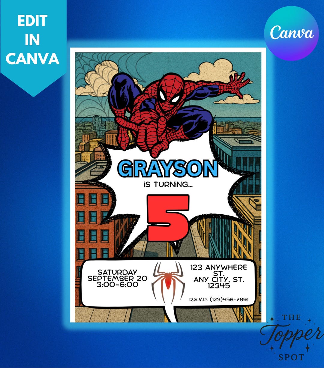 Spiderman Birthday Invitation Comic Book Style Editable Canva Template ...
