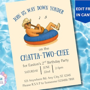 Puede incluir: Tarjeta de invitación con una ilustración de un hombre con sombrero de vaquero tocando la guitarra en una boya. El texto dice: "Join us way down yonder on the CHATTA-TWO-CHEE for Easton's 2nd Birthday Party".