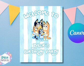 Paquete de invitación de cumpleaños y cartel de bienvenida de Bluey: Plantilla editable para fiesta (descarga digital)