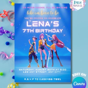 K-Pop Demon Hunters Birthday Card Invitation – Editable Canva Template – Girl Gamer Party| K-Pop birthday instant download