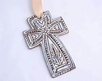 Cross Ornament in Chowder / Cream / White - Ceramic Stoneware Pottery