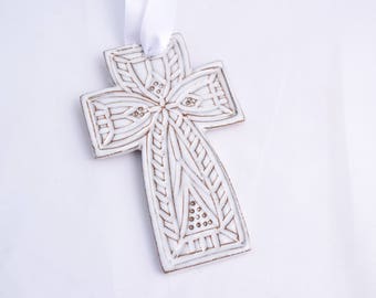 Cross Ornament in Whitewash White - Ceramic Stoneware Pottery