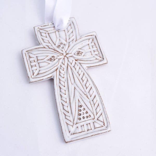 Cross Ornament in Whitewash White - Ceramic Stoneware Pottery