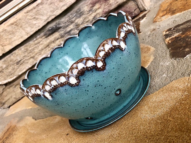 Berry Bowl in Teal Turquoise and Cream Stoneware Pottery Ceramic Colander