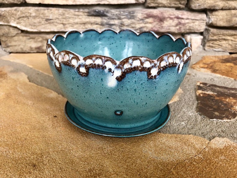 Berry Bowl in Teal Turquoise and Cream Stoneware Pottery Ceramic Colander