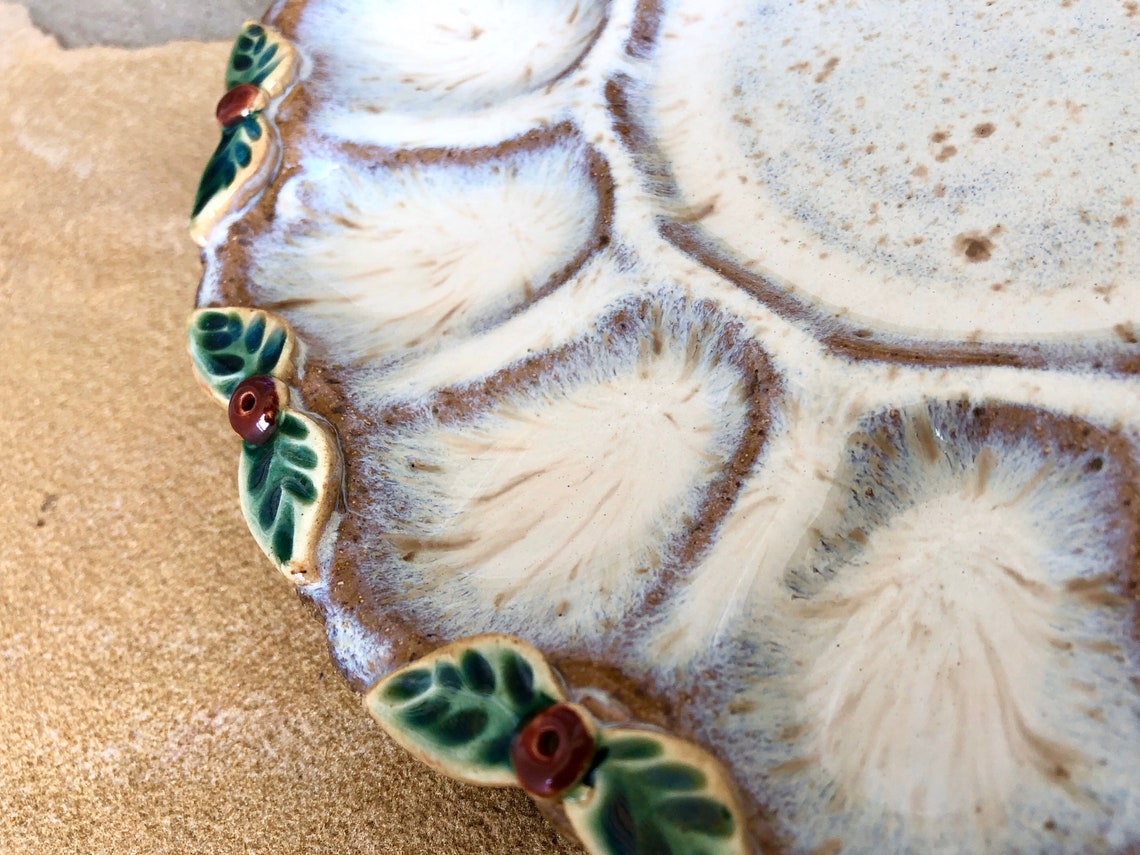 Small Deviled Egg Plate / Platter in Cream Red and Green Etsy