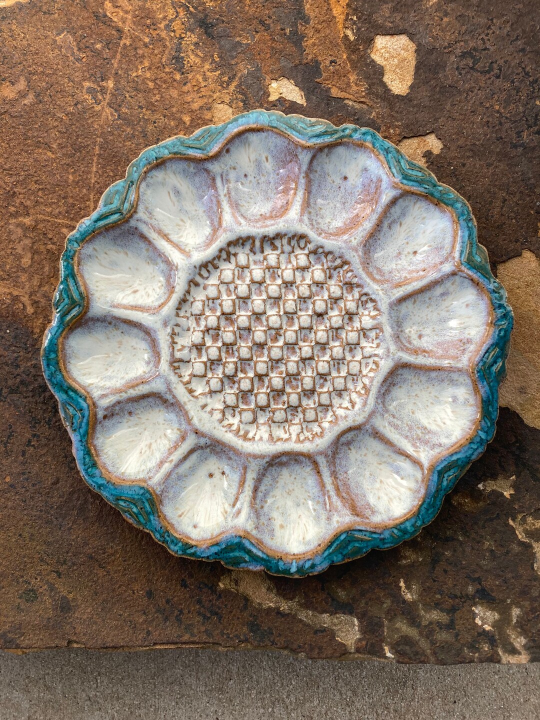Small Deviled Egg Plate / Platter in Cream and Teal Ceramic Stoneware