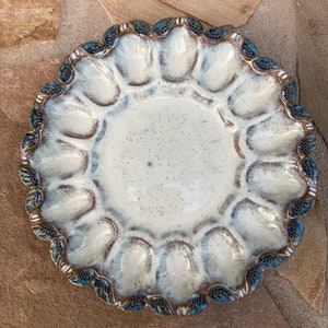 Deviled Egg Plate in Cream with Blue Accent - Ceramic Stoneware Pottery