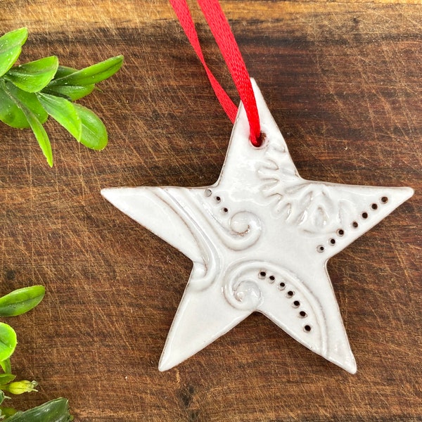 Mini Star Ornament - one - single - White - Ceramic Stoneware Pottery - Christmas Ornaments