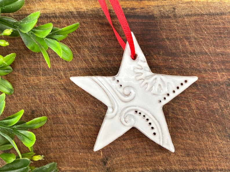 Mini Star Ornament one single White Ceramic Stoneware Pottery Christmas Ornaments image 1