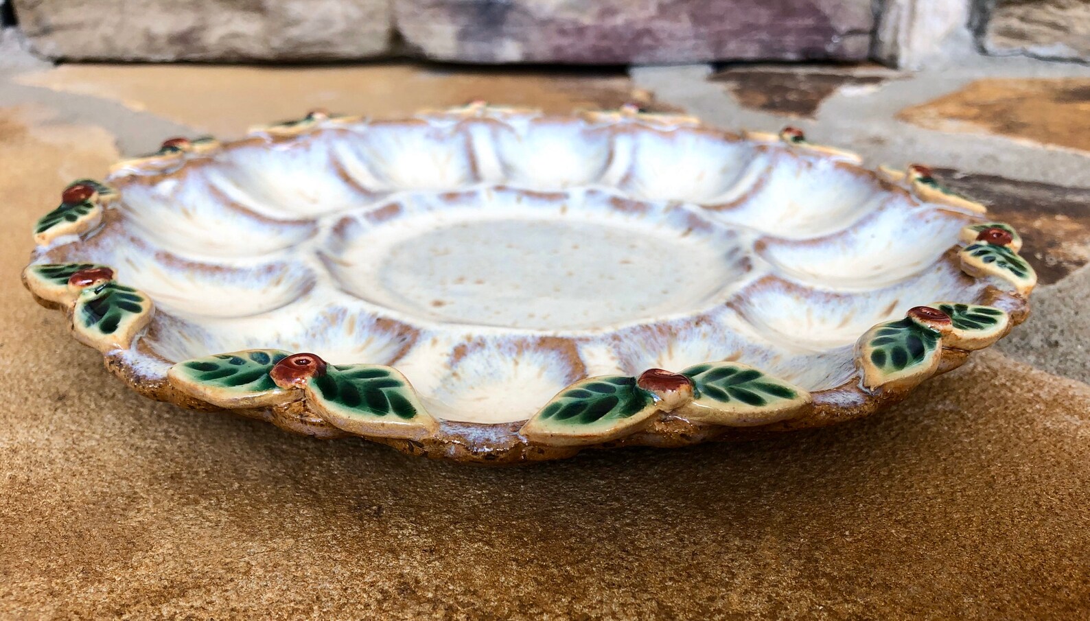 Small Deviled Egg Plate / Platter in Cream Red and Green Etsy