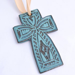 Teal / Turquoise Cross Ornament - Ceramic Stoneware Pottery - Christmas Decoration
