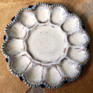 Small Deviled Egg Plate / Platter in Cream, Blue, and Teal - Ceramic Stoneware Pottery