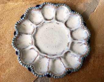 Small Deviled Egg Plate / Platter in Cream, Blue, and Teal - Ceramic Stoneware Pottery