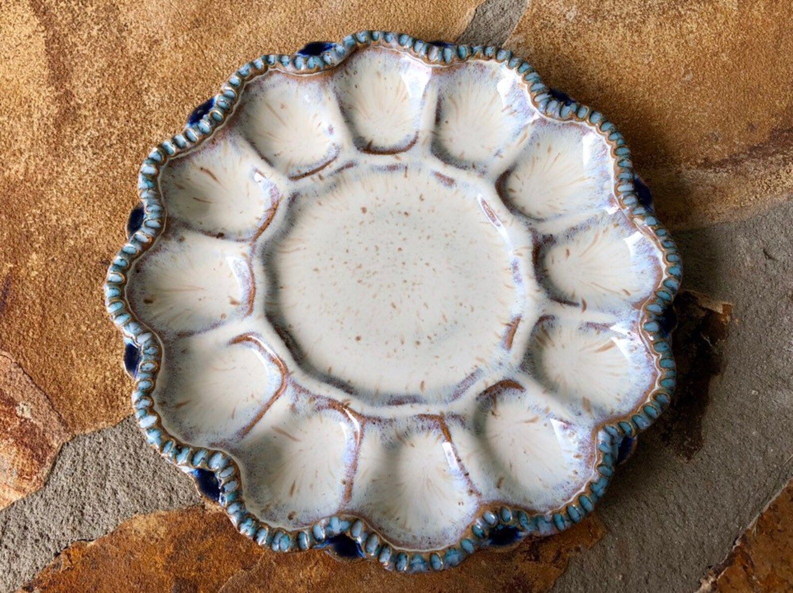 Small Deviled Egg Plate / Platter in Cream Blue and Teal Etsy