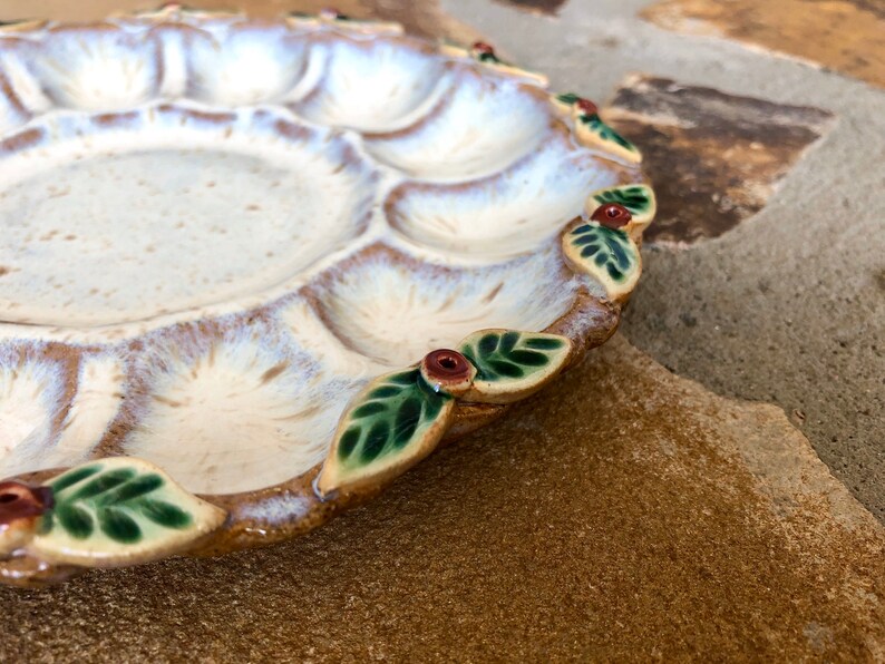 Small Deviled Egg Plate / Platter in Cream Red and Green Etsy