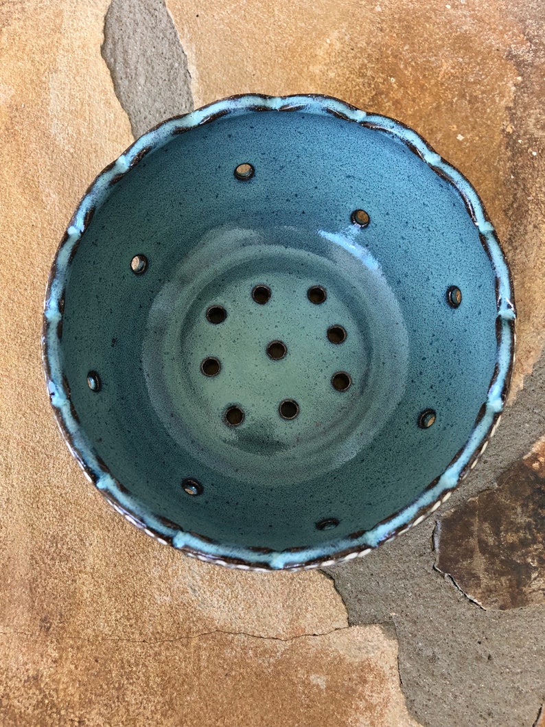 Berry Bowl in Teal Turquoise and Cream Stoneware Pottery Ceramic Colander