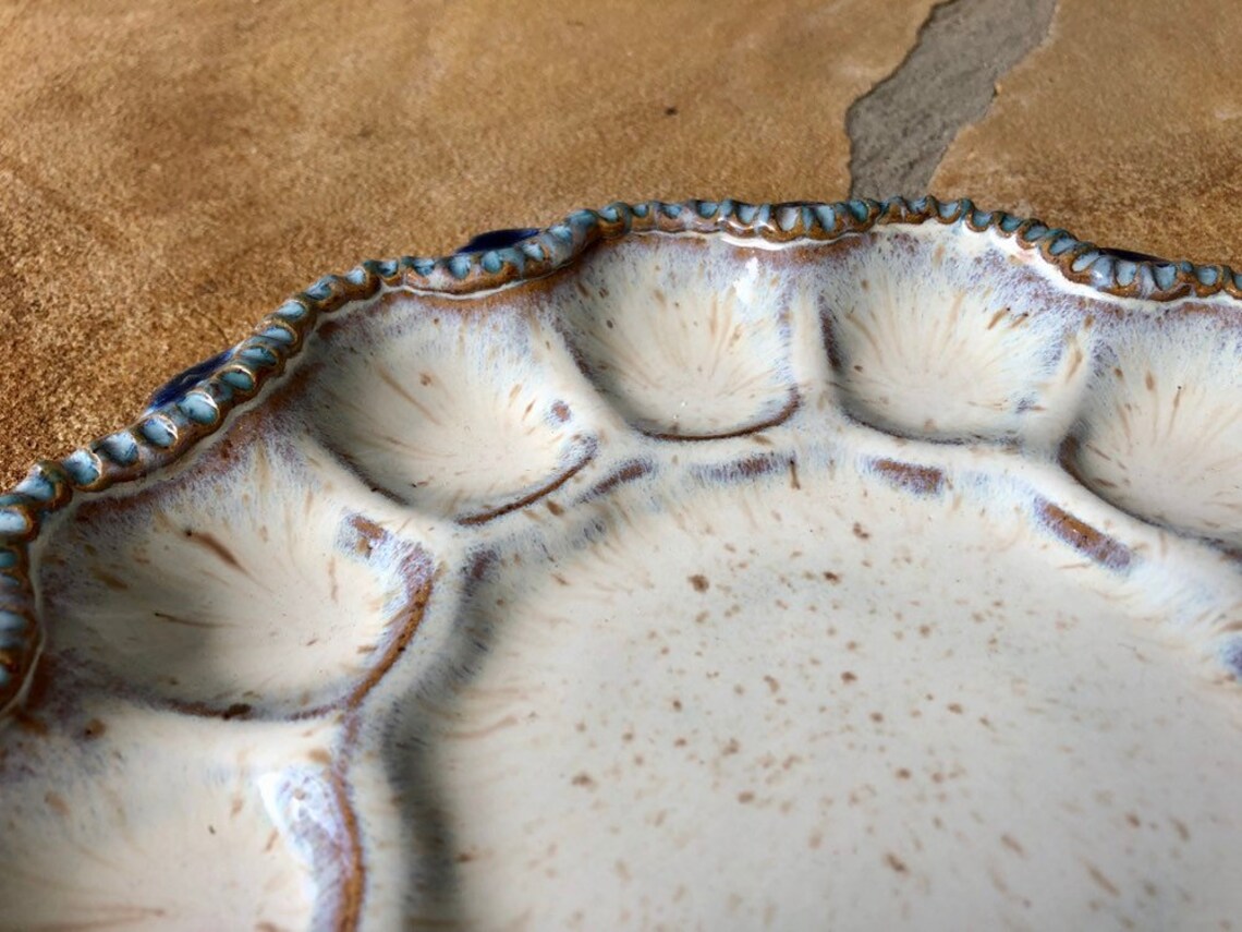 Small Deviled Egg Plate / Platter in Cream Blue and Teal Etsy